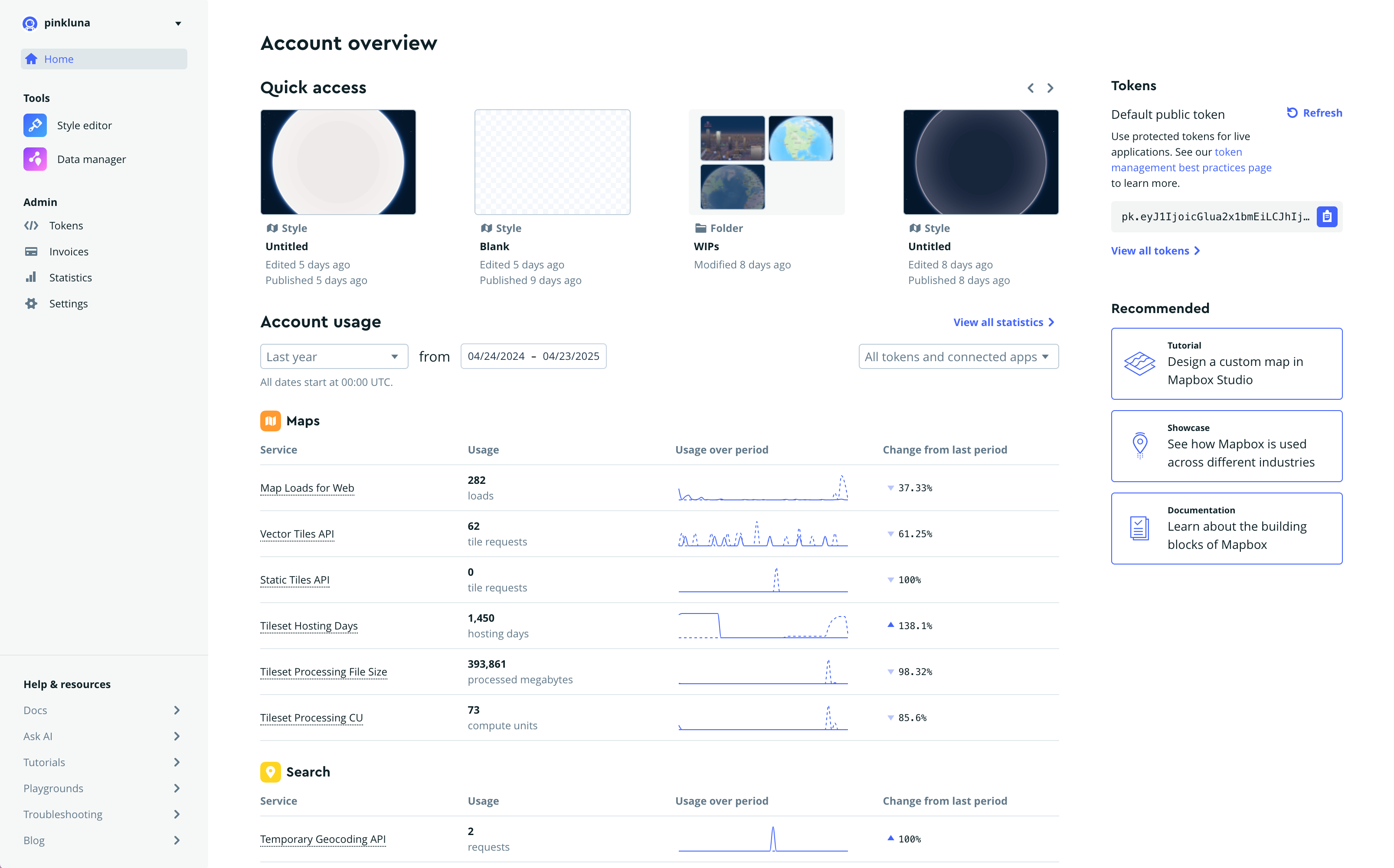 The mapbox developer console is a dashboard that shows recent styles, a summary of service usage with small sparklines, and a sidebar allows for navigation between projects.