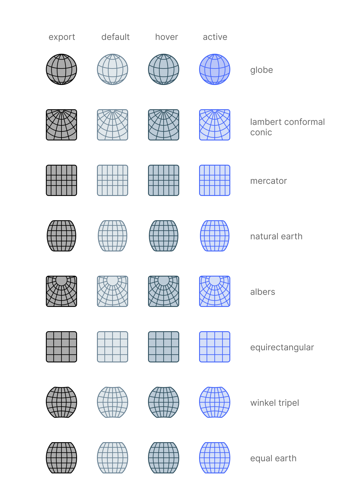 All of the projection icons that mapbox supports in a grid showing their default, hovered, and active states.