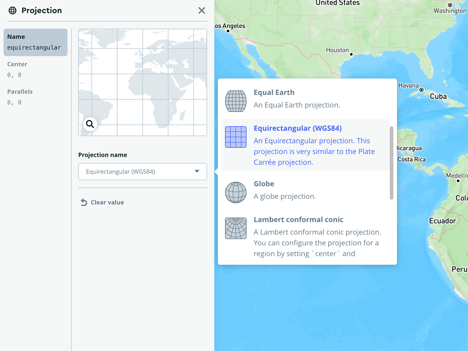 A popover in Mapbox Studio shows some of the possible projections including Equal Earth, Equirectangular, Globe, and Lambert. Each item has a custom icon that visualizes the projection type.